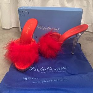Fabulicious red marabou feather slide heels